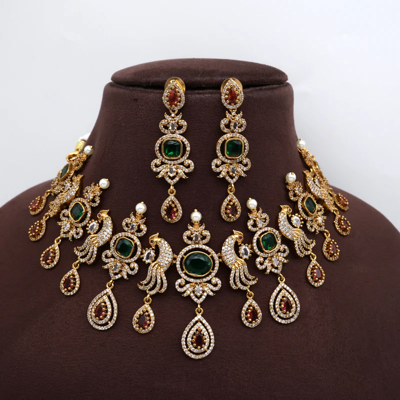Diamond Look AD Peacock Bridal Necklace set
